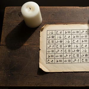 Può includere: Una candela bianca con uno stoppino bruciato è appoggiata su una superficie di legno scuro accanto a un pezzo di carta invecchiata. La carta presenta una griglia di simboli e caratteri neri. La scena evoca un tema mistico o rituale.