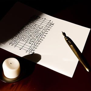 Puede incluir: Una composición de naturaleza muerta con una hoja de papel blanca con un patrón de cuadrícula dibujado con tinta negra. Una pluma estilográfica dorada y un lápiz blanco descansan sobre la superficie. Una vela blanca está sobre un plato negro.