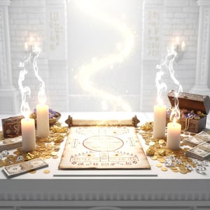 Puede incluir: Una escena mística con un pergamino con símbolos, velas encendidas, monedas de oro y un cofre del tesoro. La mesa está cargada de dinero y piedras preciosas, con una luz brillante que emana de arriba. El escenario evoca magia y fortuna.