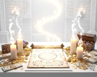 May include: A mystical scene featuring a scroll with symbols, lit candles, gold coins, and a treasure chest. The table is laden with money and gemstones, with a bright light emanating from above. The setting evokes a sense of magic and fortune.
