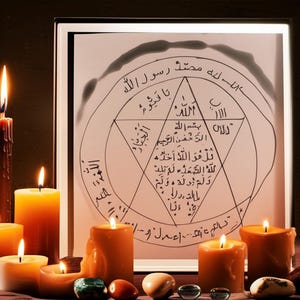 May include: A framed illustration with Arabic script and geometric shapes is surrounded by lit candles of varying heights and colors. The candles range from deep red to golden yellow, creating a warm, mystical ambiance. Small, polished stones are scattered near the candles.