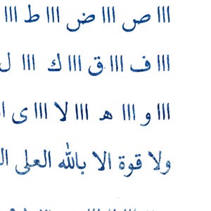 Puede incluir: Fondo blanco con escritura árabe azul. La imagen presenta varias líneas de texto, probablemente una cita religiosa, y números en la parte inferior. La escritura es estilizada y tiene una apariencia texturizada.