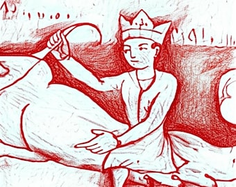 May include: A red and white illustration depicts a person wearing a crown, seated and holding an object. The person is interacting with a large, light-colored form. The artwork has a medieval or historical theme.