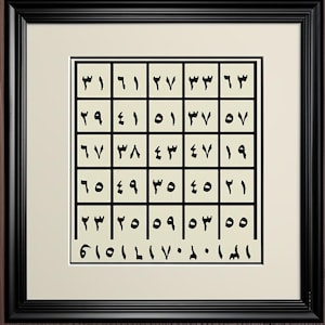 Può includere: Opera d'arte incorniciata con una griglia di numeri neri su sfondo bianco. I numeri sono disposti in un motivo quadrato all'interno di una griglia con linee nere. La cornice è nera con un passe-partout color crema.