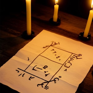 Puede incluir: Una escena tenue con un pergamino con símbolos y números en tinta negra, posiblemente un diagrama ritual. Tres velas amarillas encendidas en soportes negros iluminan la superficie de madera.