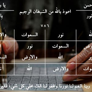 Puede incluir: Caligrafía árabe manuscrita con una disposición en cuadrícula. La imagen presenta palabras y frases árabes, incluyendo "Allah" y "Nour", escritas con tinta negra sobre un fondo oscuro. Una obra de arte manuscrita.