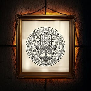 Puede incluir: Una obra de arte enmarcada con un dise&ntilde;o de mano de Hamsa en blanco y negro con un &aacute;rbol de la vida en el centro. El dise&ntilde;o circular est&aacute; rodeado de texto y s&iacute;mbolos hebreos. El marco es de color dorado y el fondo es una pared oscura y texturizada.