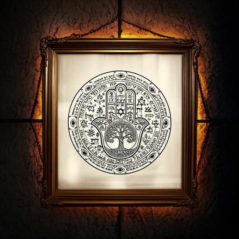 Puede incluir: Una obra de arte enmarcada con un dise&ntilde;o de mano de Hamsa en blanco y negro con un &aacute;rbol de la vida en el centro. El dise&ntilde;o circular est&aacute; rodeado de texto y s&iacute;mbolos hebreos. El marco es de color dorado y el fondo es una pared oscura y texturizada.