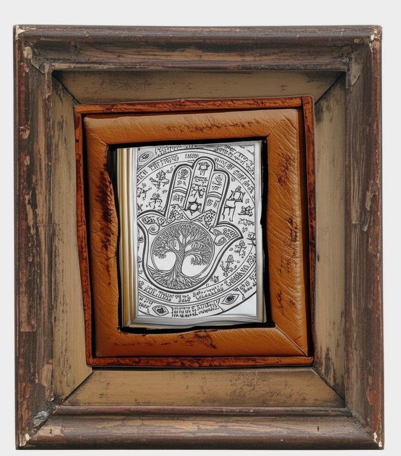 Puede incluir: Una obra de arte enmarcada con una detallada ilustraci&oacute;n en blanco y negro de una mano de Hamsa con un dise&ntilde;o de &aacute;rbol de la vida. La obra est&aacute; dentro de un marco de cuero marr&oacute;n, a su vez dentro de un marco de madera r&uacute;stica m&aacute;s grande.