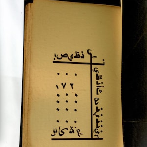 May include: An open book with aged, yellowed pages. The right page features a black ink inscription with Arabic script and a grid-like structure. The book's cover is black, and the binding is visible. The text is in Arabic.