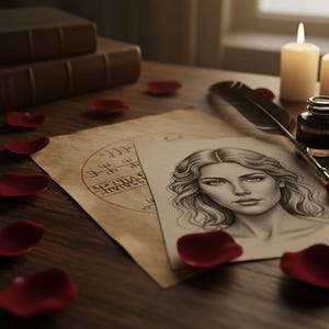 May include: A still-life scene featuring a pencil sketch of a woman with wavy hair, a feather quill, inkwell, and lit candles. Red rose petals are scattered on the wooden surface, alongside aged paper with symbols and text. Two leather-bound books are in the background.