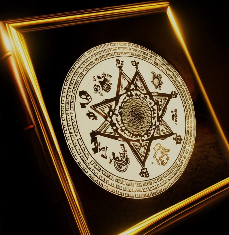 Puede incluir: Una obra de arte circular enmarcada, de color blanquecino, con un dise&ntilde;o de estrella central y s&iacute;mbolos circundantes. La obra est&aacute; encerrada en un marco dorado sobre un fondo oscuro. La estrella tiene un centro texturizado y est&aacute; rodeada de s&iacute;mbolos y texto.