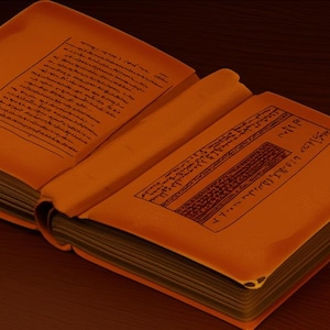 Può includere: Un libro antico aperto, con pagine color arancione e testo scuro. Il libro è appoggiato su una superficie di legno scuro. Le pagine sono piene di testo manoscritto e illustrazioni, suggerendo un tema storico o antico.