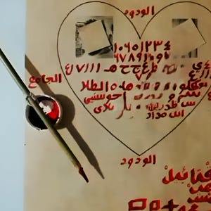 Puede incluir: Un papel color crema con escritura y números árabes rojos, con un diseño en forma de corazón. Una pluma de caligrafía con un tintero negro está colocada en el lado izquierdo del papel. La imagen tiene una estética vintage.