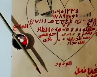 Op de afbeelding: Een crèmekleurig papier met rode Arabische tekst en cijfers, met een hartvormig ontwerp. Een kalligrafiepen met een zwarte inktpot bevindt zich aan de linkerkant van het papier. De afbeelding heeft een vintage esthetiek.