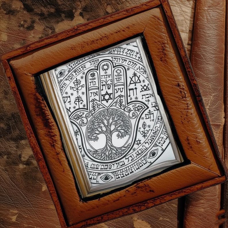 Puede incluir: Una obra de arte enmarcada con un dise&ntilde;o detallado en blanco y negro de la mano de Hamsa con un &aacute;rbol de la vida en el centro. La obra est&aacute; enmarcada en un marco de cuero marr&oacute;n, mostrando un tema espiritual.