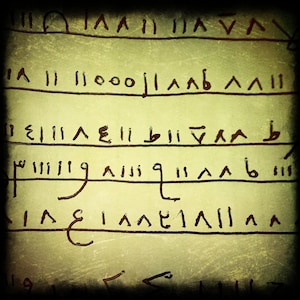 May include: A close-up of a handwritten document with faded ink on aged paper. The text appears to be in an ancient script, with horizontal lines separating the rows of symbols. The paper has a yellowed, textured appearance.