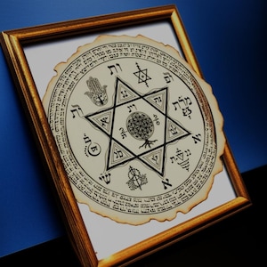 Puede incluir: Un pergamino circular enmarcado con texto y s&iacute;mbolos hebreos, incluyendo una Estrella de David y una mano de Hamsa. El pergamino tiene una apariencia envejecida y desgastada, y est&aacute; enmarcado en un marco de madera dorada.