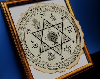 May include: A framed, circular parchment with Hebrew text and symbols, including a Star of David and a Hamsa hand. The parchment has a distressed, aged appearance, and is set in a gold-toned wooden frame.