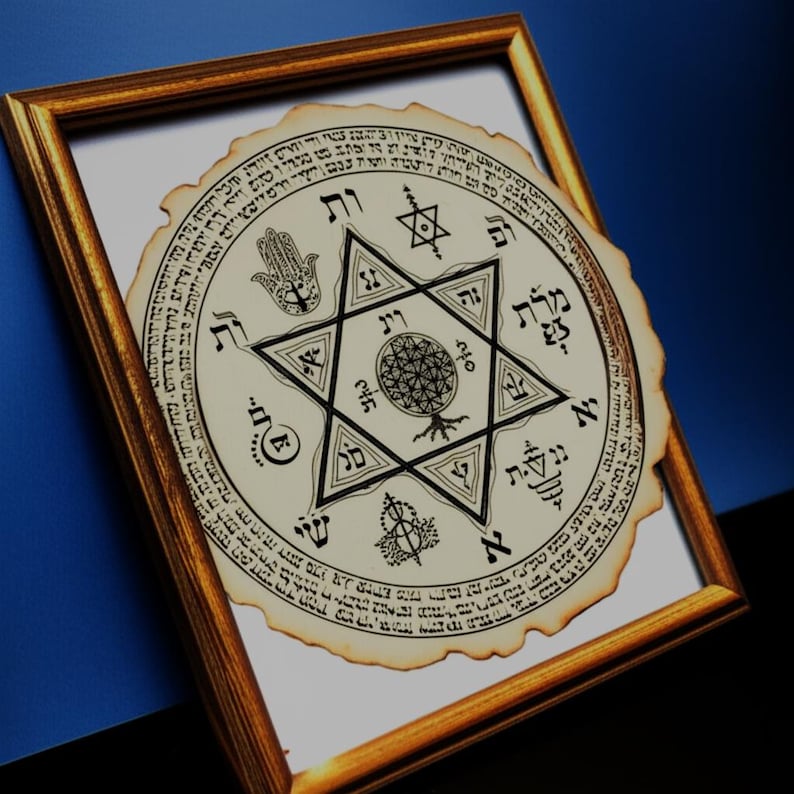 Puede incluir: Un pergamino circular enmarcado con texto y s&iacute;mbolos hebreos, incluyendo una Estrella de David y una mano de Hamsa. El pergamino tiene una apariencia envejecida y desgastada, y est&aacute; enmarcado en un marco de madera dorada.