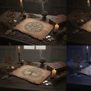 Può includere: Una scena mistica con un tavolo di legno intagliato. Sono visibili una candela accesa, una sfera armillare dorata e una pergamena con un disegno circolare. Un libro, monete e una ciotola con fumo completano la scena.