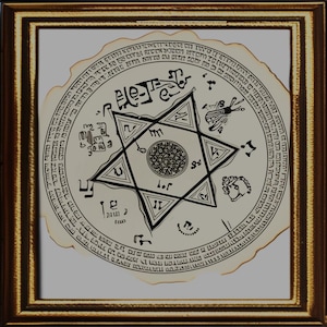 Puede incluir: Impresi&oacute;n enmarcada con una detallada ilustraci&oacute;n en blanco y negro. La obra representa una Estrella de David en el centro, rodeada de texto circular y otros s&iacute;mbolos. El marco es de color marr&oacute;n dorado c&aacute;lido.
