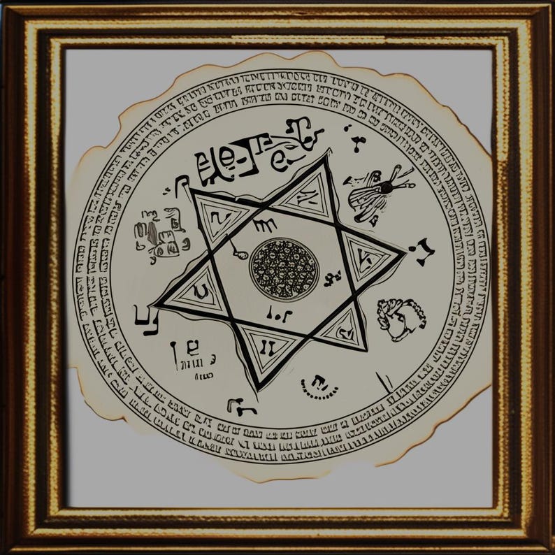 Puede incluir: Impresi&oacute;n enmarcada con una detallada ilustraci&oacute;n en blanco y negro. La obra representa una Estrella de David en el centro, rodeada de texto circular y otros s&iacute;mbolos. El marco es de color marr&oacute;n dorado c&aacute;lido.