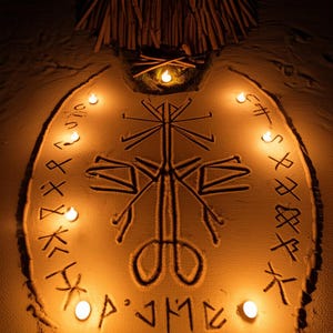 Puede incluir: Un diseño de arte en arena con un símbolo central y runas circundantes, iluminado por pequeñas velas. El diseño se encuentra sobre un fondo oscuro, con un elemento tejido similar a la paja en la parte superior. El efecto general es místico y evocador.