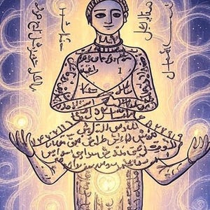 Puede incluir: Ilustración de una figura con los brazos extendidos, rodeada de luz arremolinada y texto. La figura tiene una expresión serena y está adornada con intrincados patrones y escritura. La obra de arte tiene un tema místico y espiritual.