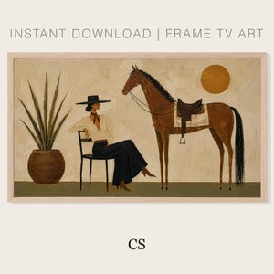 Samsung Frame TV Art Cowgirl Horse Painting | Folk Art Western Woman Digital Download | Hisense Canvas Southwest Equestrian Minimalist Art