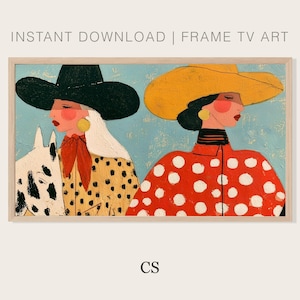 Pode incluir: Arte digital para Frame TV com duas figuras sobre fundo azul. Uma usa chapéu preto e camisa de bolinhas com lenço vermelho ao lado de um cavalo. A outra usa chapéu amarelo e camisa vermelha com bolinhas brancas. Texto: INSTANT DOWNLOAD | FRAME TV ART e CS.