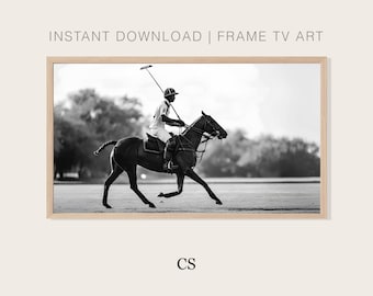 Arte para TV Samsung Frame: Jugador de polo en acción / Fotografía ecuestre en blanco y negro para descarga digital / Lienzo Hisense: Caballo, arte de lujo para TV
