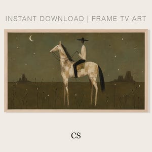 Quadro TV Samsung Frame con cowboy notturno nel deserto, tema equestre/arte popolare western, cavallo e luna, download digitale/tela Hisense, tema Appaloosa Cowboy per TV