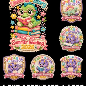 Pode incluir: Seis imagens PNG com dinossauros de desenho animado lendo livros. As imagens incluem o texto "Unearth a Story" e "Summer Reading 2026", com elementos florais e decorativos, em um fundo preto.