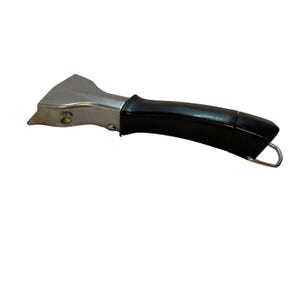 May include: A replacement pan handle with a black, curved grip and a silver-colored metal attachment. The handle has a small, curved metal loop at the end.