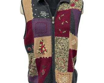 Vintage Christmas Sweater Vest Patchwork Embroidered Holiday Sleeveless Top