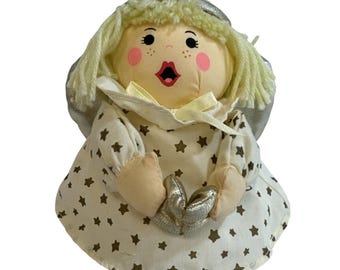 Lillian Vernon Soft Fabric Angel Doll Christmas Gold Silver Star Dress 7 Inch