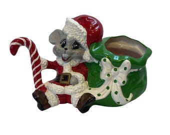 Vintage Christmas Ceramic Santa Mouse with Toy Sack Planter Candy Dish Red Green