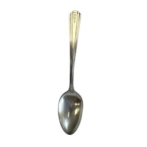 May include: A silver spoon with a rounded bowl and a long, slender handle. The handle has a decorative design at the top. The spoon is made of a shiny, reflective metal.