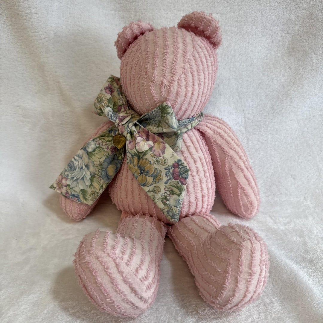 Vintage Chenille Teddy Bear Plush Farmhouse Shabby Pink Floral Bow - Etsy