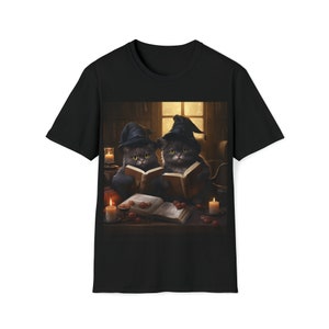 Halloween shirt, black cats, witches, reading spell books, Halloween clothing, cute - Unisex Softstyle T-Shirt