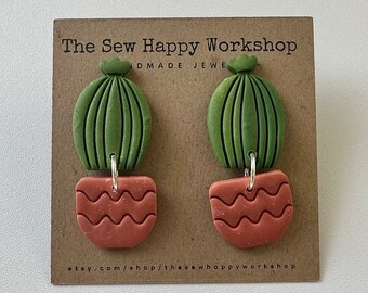 Cactus succulent plant earrings, handmade with polymer clay, dangle drop earrings