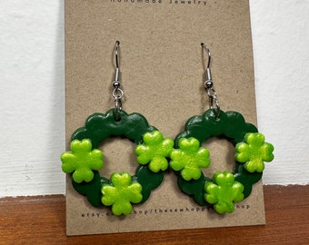 St. Patrick’s Day earrings, four leaf clovers, polymer clay, dangle drop, handmade