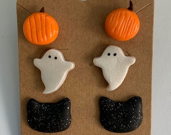 Mini ghost, pumpkin and black cat polymer clay earrings