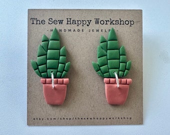 Cactus succulent plant earrings, handmade with polymer clay, dangle drop earrings