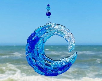 Fused Glass Ocean Wave Suncatcher, Glass Wave Art, Beach Ornament, Blue Ocean Waves Wall Hanging, Turquoise Sea Glass Art, Beach Themed Bath