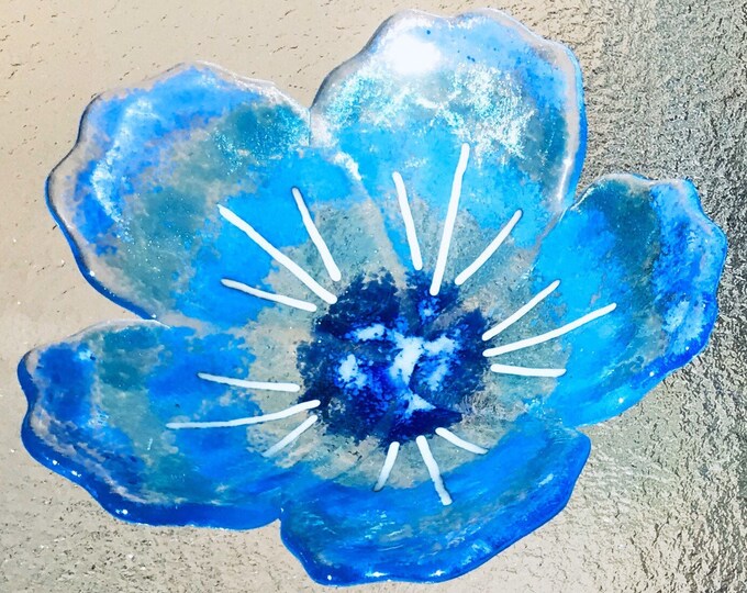 Fused Glass Flower Bowl, Turquoise, Blue, White Hibiscus Plate, Floral