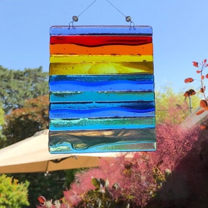 Fused Glass Sunset Suncatcher, Sunset Ocean Beach Wall Art, Sea Glass Art, Sunset Window Panel, Beach House Decor, Ocean Waves, Beach Art