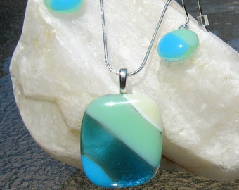 Fused Glass Jewelry Set, Turquoise Mint Green Necklace Earrings, Beach Jewelry