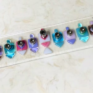 Fused Glass Dreidels Menorah, Bat Mitzvah Gift, Pink and Purple Baby Girl Hanukkah Menorah, Jewish Wedding Glass Gift